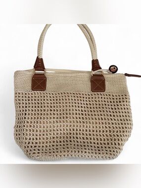 The Sak Beige Crochet Tote with Brown Trim